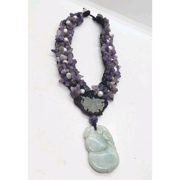 Vintage Necklace Amethyst Genuine Pearl Jade Elephant & Butterfly Pendants - Picture 2 of 13